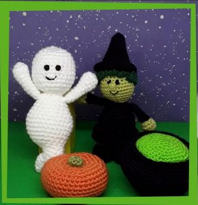Crocheted ghost, witch and pumpkin