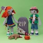 Zombie crochet amigurumi pattern with severed hand and headstone